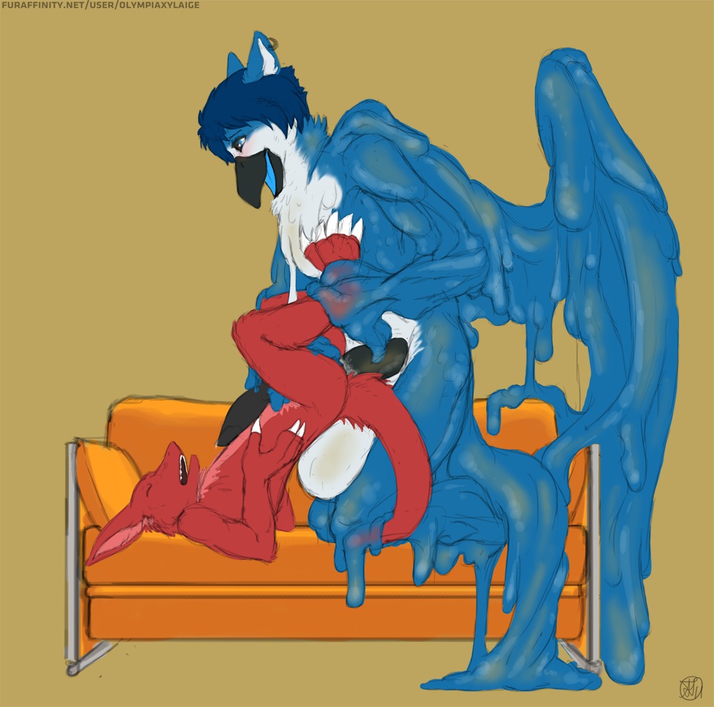 anal anal_penetration anthro anus avian balls beak big_balls blue_eyes blush bodily_fluids cum dragon duo e621 ear_piercing erection feathers feet foot_grab fur furniture furred_dragon furred_scalie genital_fluids genitals goo_creature gryphon huge_balls hyper knot male male/male male_penetrated male_penetrating male_penetrating_male mythological_avian mythological_creature mythological_scalie mythology olympiaxylaige palace_(character) penetration penis piercing scalie sex sofa tail wafflebird wings