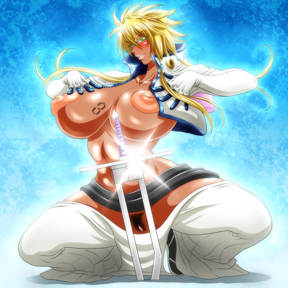 1girls arrancar bleach blush breasts clothing dark-skinned_female dark_skin espada female female_only hair large_breasts nipples pubic_hair pussy rule34 smile solo sword tia_harribel weapon