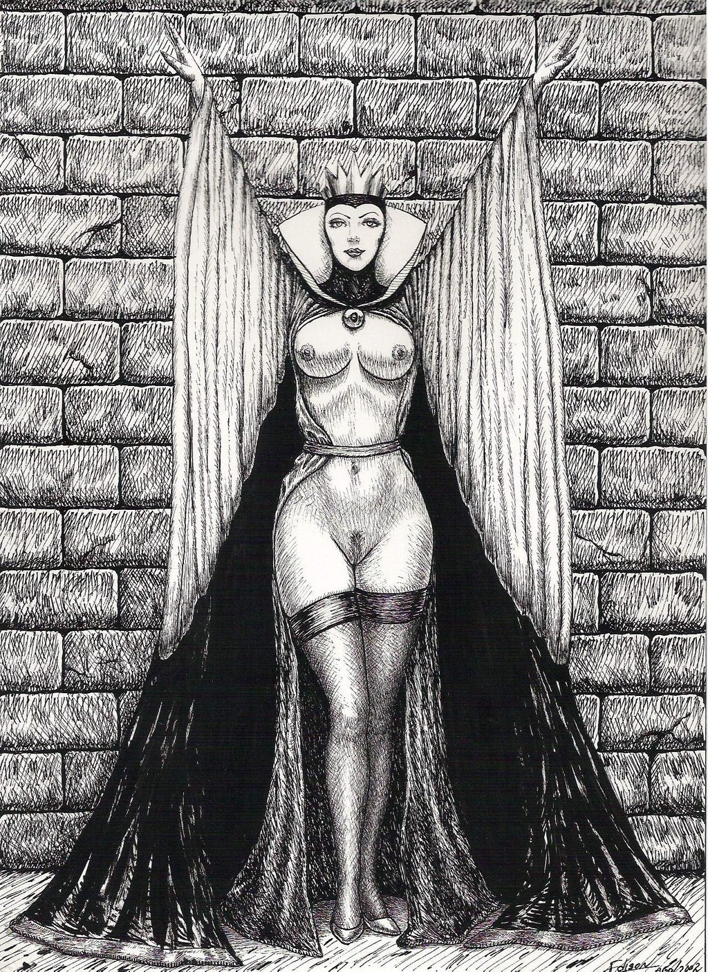 2002 disney disney_villains female monochrome nipples rule34 snow_white_and_the_seven_dwarfs_(1937_film) tagme the_evil_queen thighhighs