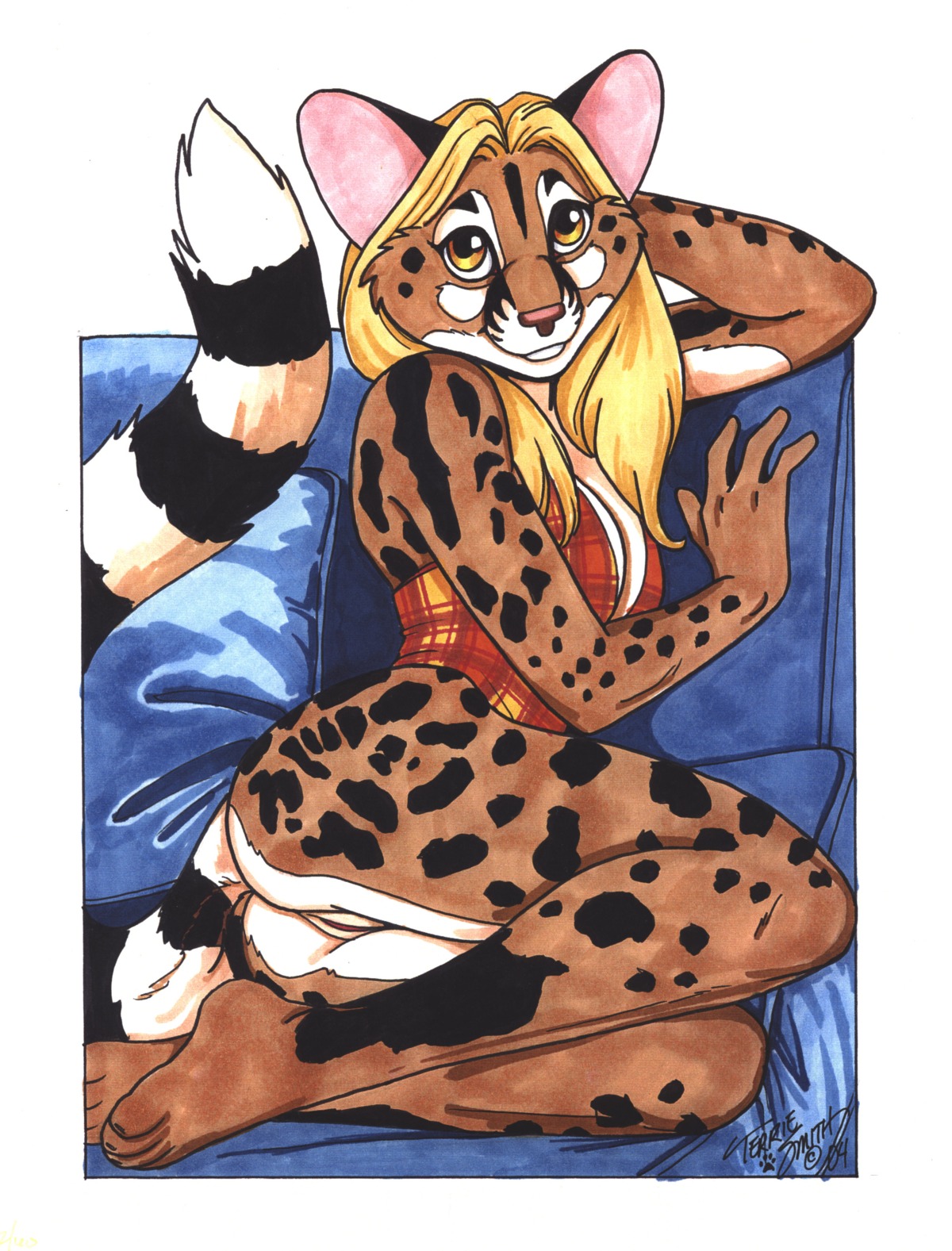 2004 absurd_res anthro bottomless breasts butt cleavage clothed clothing e621 female genitals hair hi_res markings presenting ring_(marking) ringed_tail signature solo striped_markings striped_tail stripes tail tail_markings terrie_smith traditional_media_(artwork) vulva