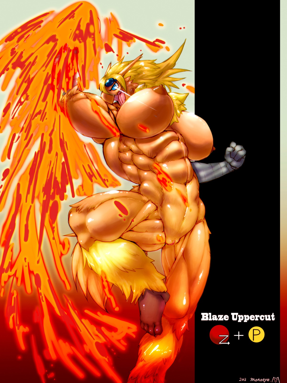 2013 3:4 3_fingers 4_toes abstract_background absurd_res anthro attack avian barefoot beak big_breasts big_muscles biped bird blaziken blonde_hair blue_eyes breasts conditional_dnp e621 eyewear fate_valentine feathers feet female fingers fire fire_punch fist generation_3_pokemon genitals glistening goggles hair headgear hi_res huge_breasts huge_muscles japanese long_hair monoeye_(artist) muscular muscular_anthro muscular_female navel nintendo nipples non-mammal_breasts non-mammal_nipples nude open_mouth orange_body orange_skin pokemon pokemon_(species) pokemon_move power raised_arm raised_fist raised_hand raised_leg shadow simple_background solo toes tongue uppercut vulva warm_colors wyntersun