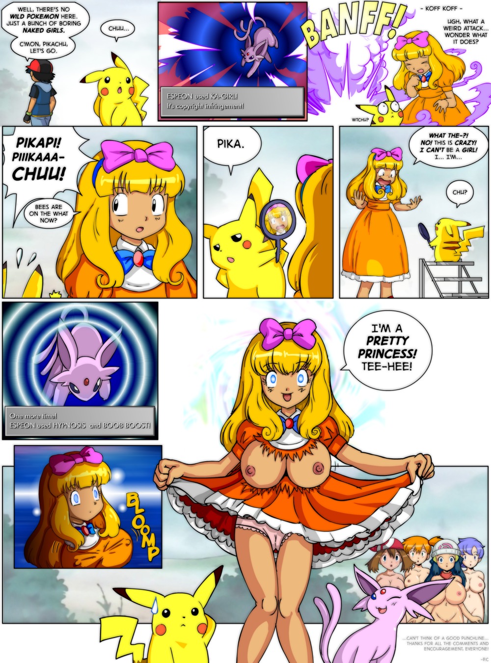 5girls alternate_breast_size anabel_(pokemon) ash_ketchum ashley_(pokemon) beige_skin black_hair blonde_hair blue_eyes blue_hair bow breast_expansion breast_growth breast_growth_(enlargement) breasts brown_hair bursting_breasts cameltoe clothes clothing color comic dawn_(pokemon) dress dress_lift eeveelution eifie_(pokemon) english_text espeon female frontier_brain gender_transformation gym_leader hairbow hand_mirror haruka_(pokemon) hikari_(pokemon) hud huge_breasts human hypnosis hypnosis_(pokemon_move) interspecies kasumi_(pokemon) large_breasts lila_(pokemon) long_hair male may_(pokemon) mind_control mirror misty_(pokemon) multiple_females multiple_girls nintendo nipples nude orange_hair p.chronos panties pikachu pokemon pokemon_(species) pokemon_dppt pokemon_gsc pokemon_move pokemon_rgby pokemon_rse pokephilia purple_hair pussy reflection rule34 rule_63 satoko_(pokemon) satoshi_(pokemon) short_hair source_request straight_hair sweatdrop tan_skin text torn_clothes transformation uncensored