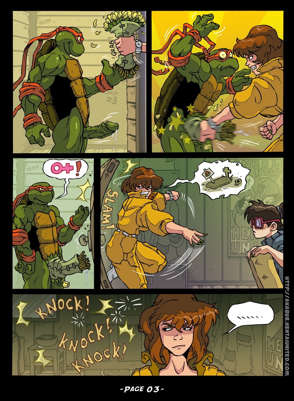 akabur angry anthro april_o'neil comic denied dialogue door e621 erection eyewear female flower genitals glasses group hi_res human irma_langinstein male mammal michelangelo_(tmnt) ninja ouch penis pictographics plant reptile scalie speech_bubble teenage_mutant_ninja_turtles turtle warrior
