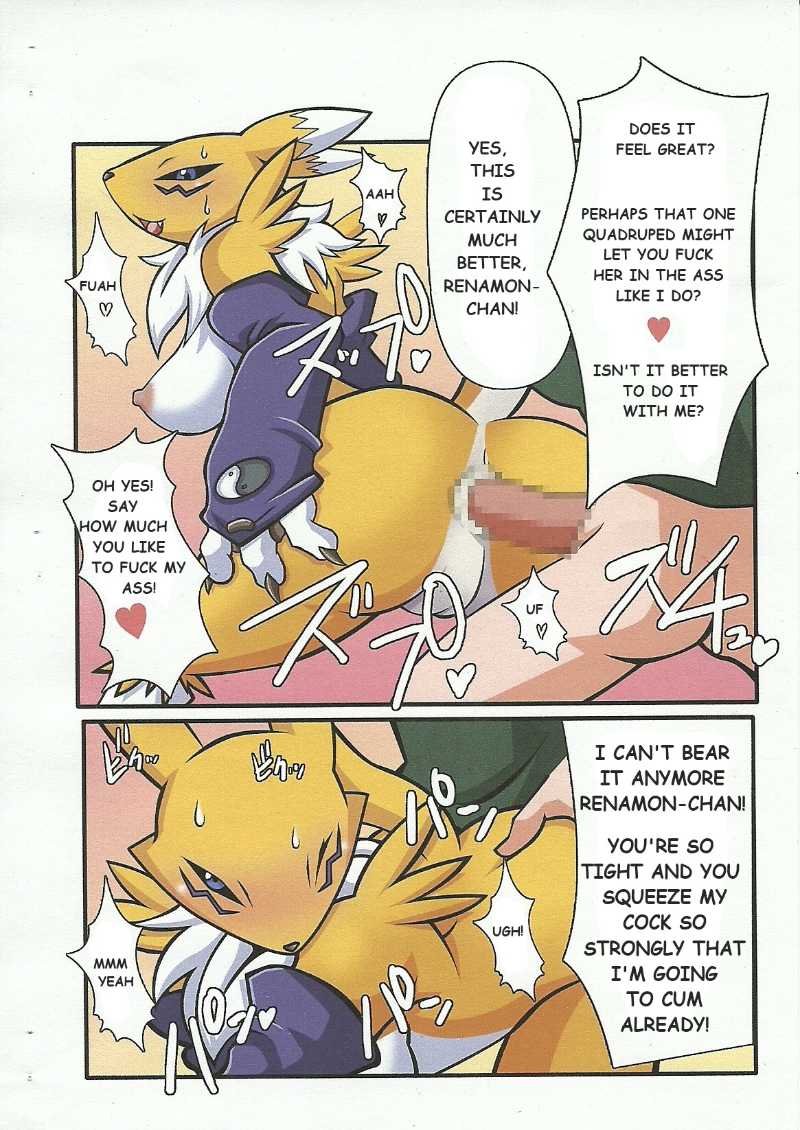 anal anal_penetration anthro anthro_penetrated anus armwear bandai_namco biped black_sclera blue_eyes blush bodily_fluids bottomless breasts butt butt_grab canid canine censored chest_tuft clothed clothing comic countershading dialogue digimon digimon_(species) digiphilia duo e621 elbow_gloves english_text erection female female_on_human female_penetrated fur genitals gloves hand_on_butt handwear hanging_breasts heart_symbol hi_res human human_on_anthro human_penetrating human_penetrating_anthro inaba_hayato_(rapid-rabbit) interspecies male male/female male_on_anthro male_penetrating male_penetrating_female mammal mosaic_censorship mostly_nude multicolored_body multicolored_fur nipples one_eye_closed open_mouth penetration penis profanity rapid-rabbit renamon sex sweat tail text tuft two_tone_body two_tone_fur two_tone_tail vulva white_body white_fur white_tail yellow_body yellow_fur yellow_tail yin_yang