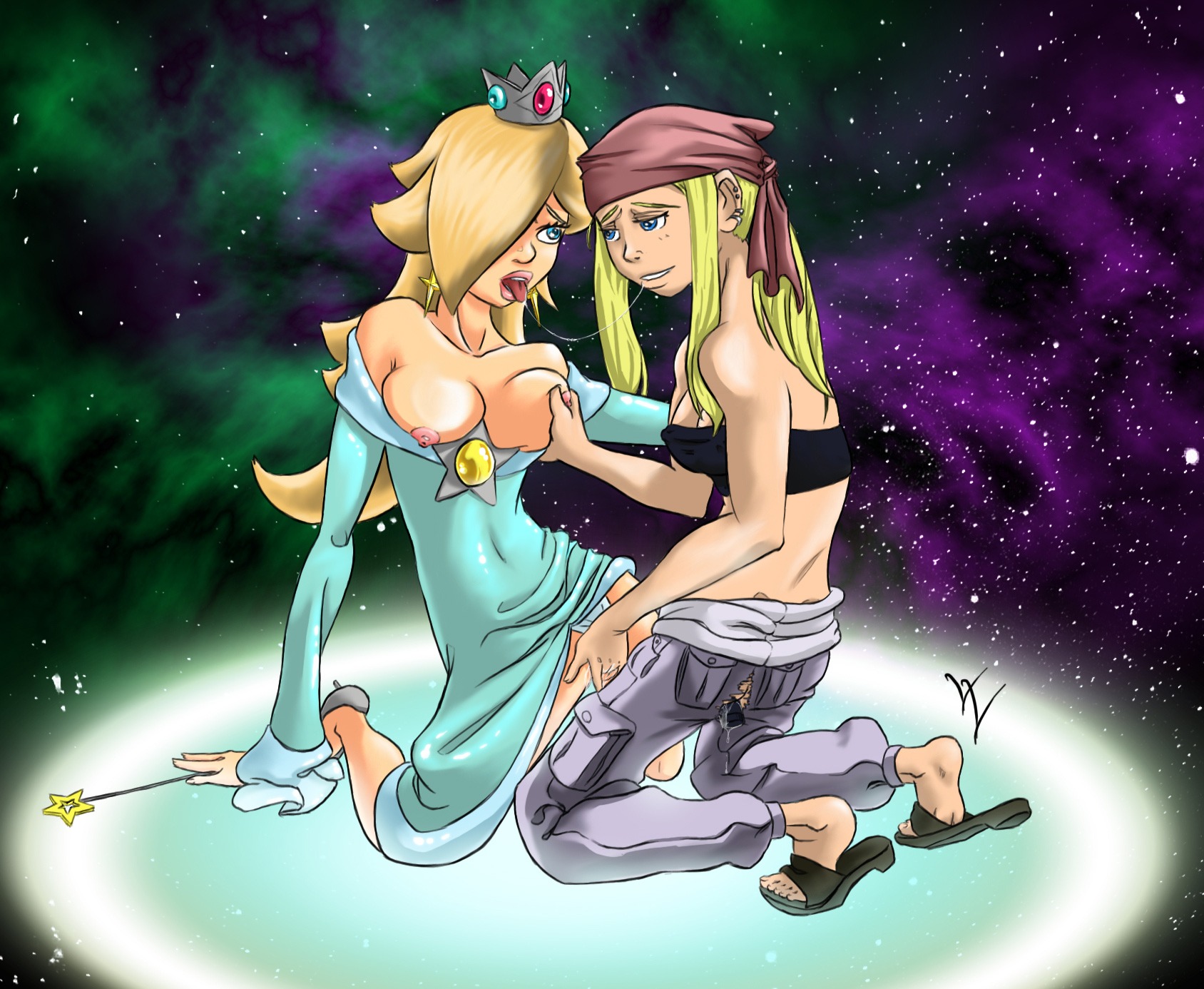 2girls after_kiss artist_request bandana blonde_hair blue_eyes breast_grab breasts breasts_out color crossover crown dildo dress ear_piercing exposed_breasts eye_contact female female_only fingering footwear fullmetal_alchemist hair hair_over_one_eye high_heels human insertion kneeling long_hair looking_at_another mario_(series) multiple_females multiple_girls nintendo nipples open_eyes open_mouth pants piercing princess_rosalina pussy pussy_juice round_ears rule34 saliva saliva_string saliva_trail sex_toy shoes super_mario_galaxy tongue tongue_out torn_clothes wand winry_rockbell yuri