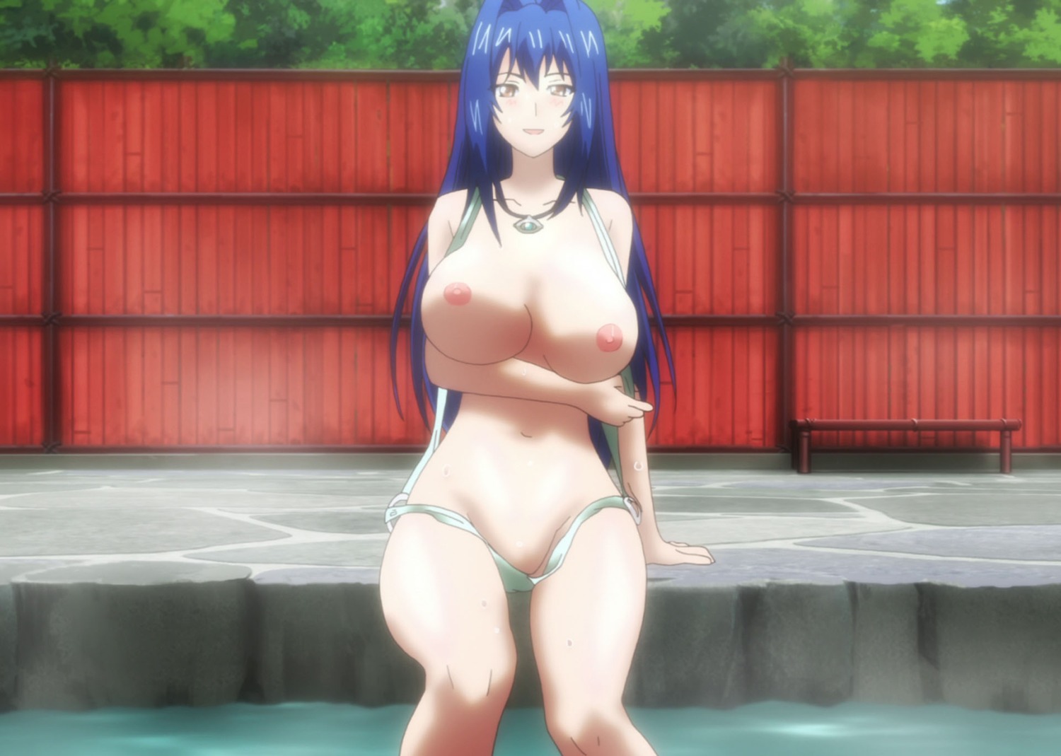 bikini blue_hair blush breasts female highres huge_breasts long_hair maken-ki! mature_female nijou_aki onsen rule34 screencap screenshot sling_bikini sling_bikini_aside swimsuit wet