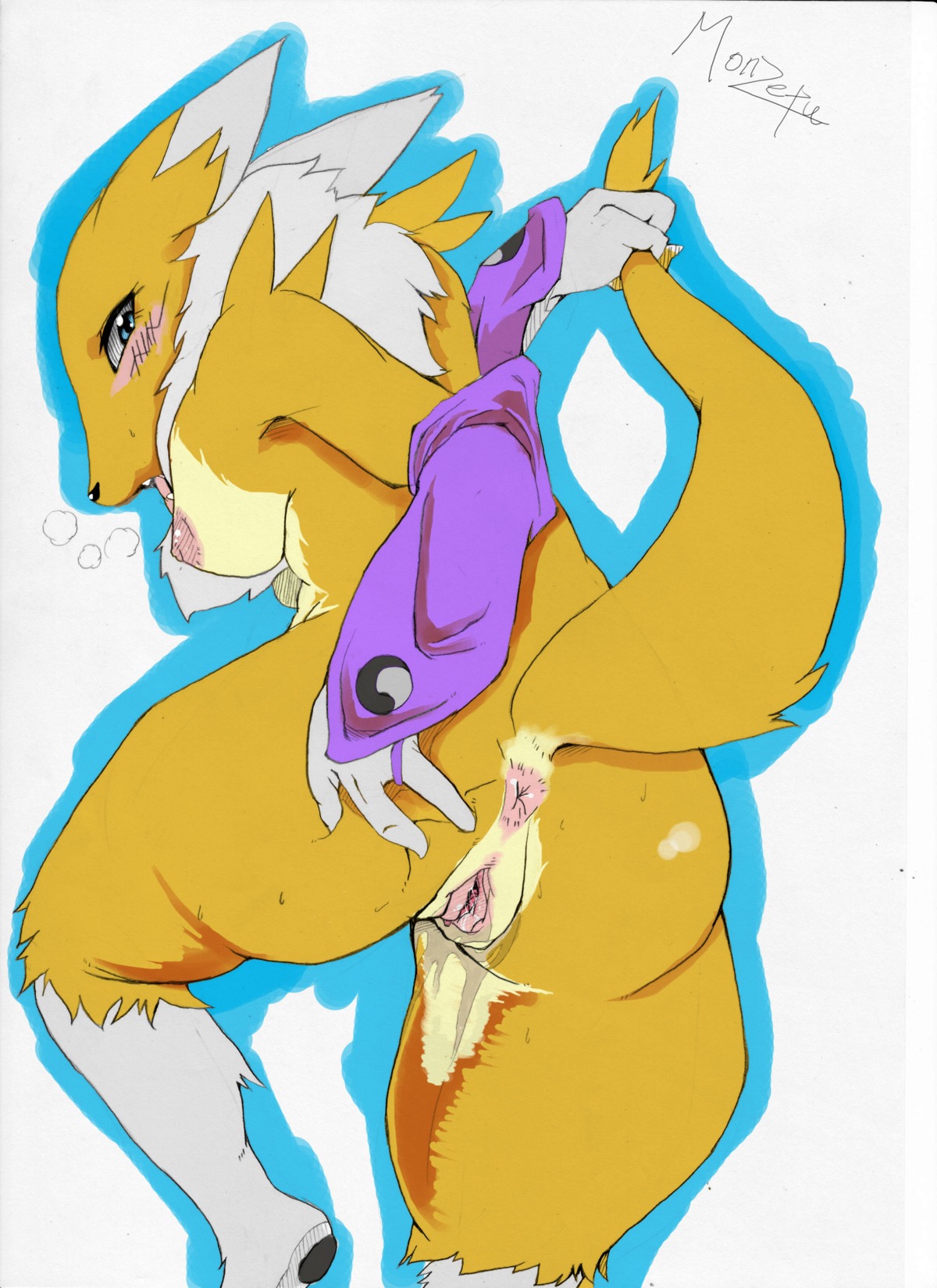 absurd_res anthro anus areola armwear bandai_namco blue_eyes blush bodily_fluids breasts breath bridal_gauntlets butt canid canine chest_tuft clothing digimon digimon_(species) e621 facial_markings fangs female fur genital_fluids genitals hand_on_butt hanging_breasts head_markings hi_res looking_at_viewer looking_back mammal markings monzetu mostly_nude nipples open_mouth panting pawpads paws raised_tail renamon side_boob solo spread_butt spreading tail teeth tongue tuft vaginal_fluids vulva white_body white_fur yellow_body yellow_fur