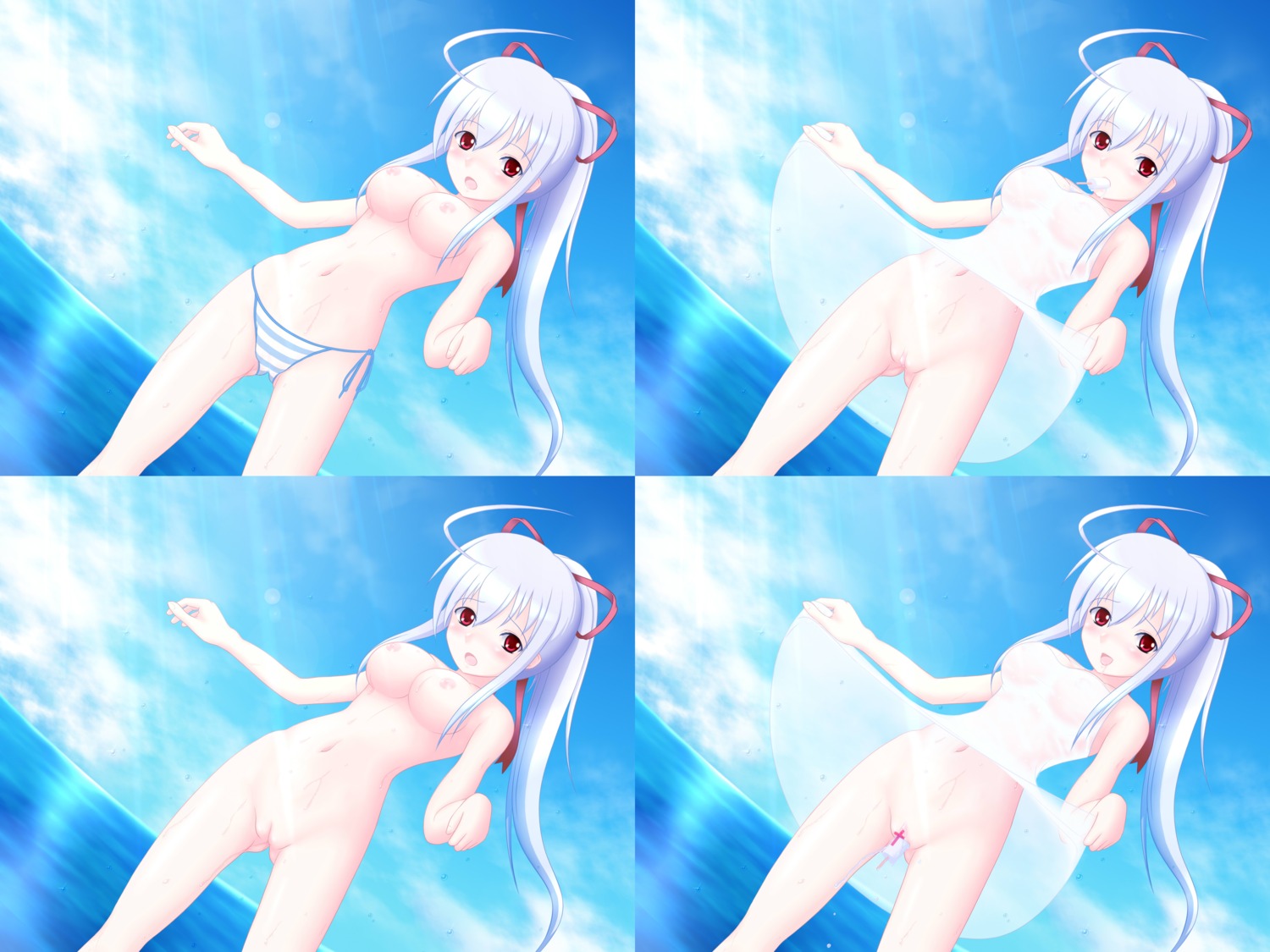 ahoge antenna_hair blush clitoris dress erect_clitoris female freudia_neuwahl hair_ribbon high_resolution long_hair nude ocean panties ponytail pussy red_eyes ribbon rin_takanashi_glacies rosenkreuzstilette rule34 see-through silver_hair striped striped_panties tied_hair underwear wet