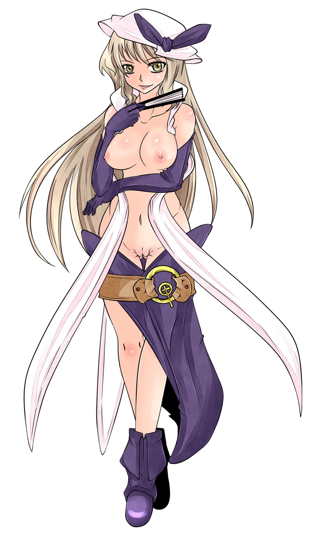 1girls alternate_costume aoshima blonde_hair breasts elbow_gloves fan female gloves hat highres long_hair navel nipples nude pussy rule34 solo touhou uncensored watatsuki_no_toyohime yellow_eyes