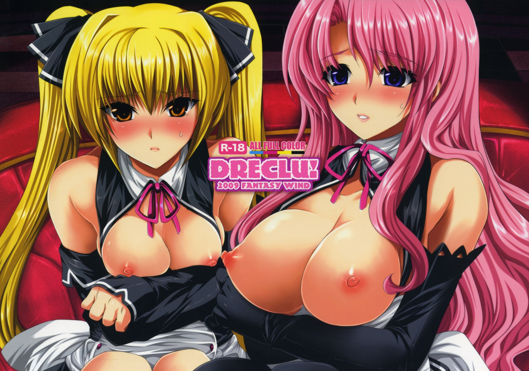 blonde_hair blush breast_hold breasts brown_eyes dream_c_club fantasy_wind female looking_at_viewer mian_(dream_c_club) nipples open_clothes open_shirt oppai pink_hair purple_eyes rui_(dream_c_club) rule34 shinano_yura shirt twintails