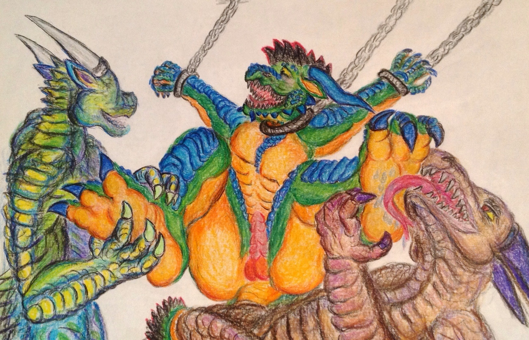 3_toes ambiguous_gender anthro bantwolf509 chain claws collar dragon e621 erection feet foot_fetish foot_grab foot_lick foot_play genitals group hi_res hindpaw horn licking male male/ambiguous mythological_creature mythological_scalie mythology nude paws penis plantigrade scalie sharp_teeth teeth tickle_torture tickling toe_claws toes tongue tongue_out traditional_media_(artwork) zilla_(predator-zilla)