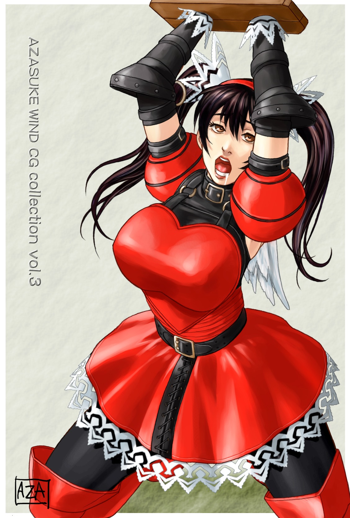 artist_logo azasuke blonde_hair bound brown_eyes dress drooling female fighting_vipers highres honey_(fighting_vipers) open_mouth restrained rule34 sega twintails