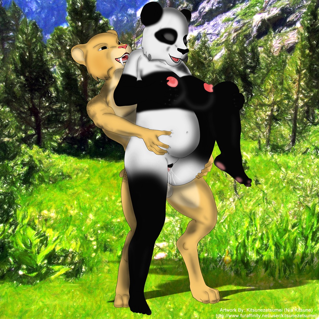 1:1 anthro bear belly big_belly bodily_fluids cum duo e621 eyes_closed fangs felid female genital_fluids genitals giant_panda kitsunezetsumei male male/female mammal nipples nude penis pregnant prehistoric_species saber-toothed_tiger sex teeth text url vulva