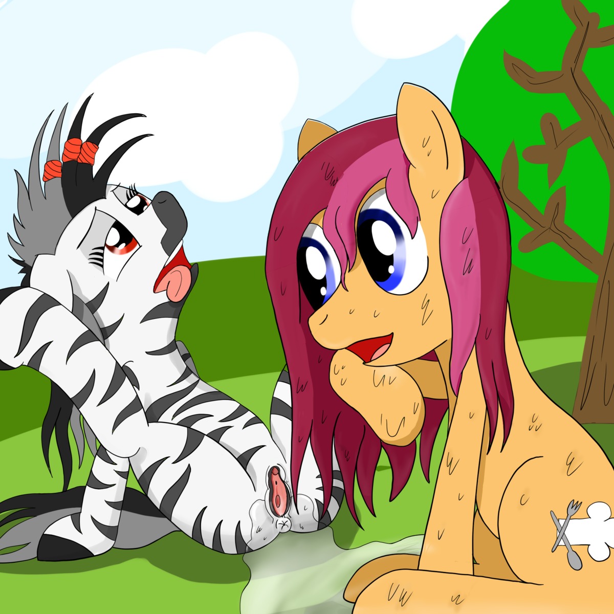 1:1 anus bodily_fluids cum cum_bath cutie_mark duo e621 ejaculation equid equine fan_character female female/female genital_fluids genitals hasbro hi_res mammal my_little_pony orgasm stripes unknown_artist vaginal_fluids vaginal_squirting vulva zebra zebs