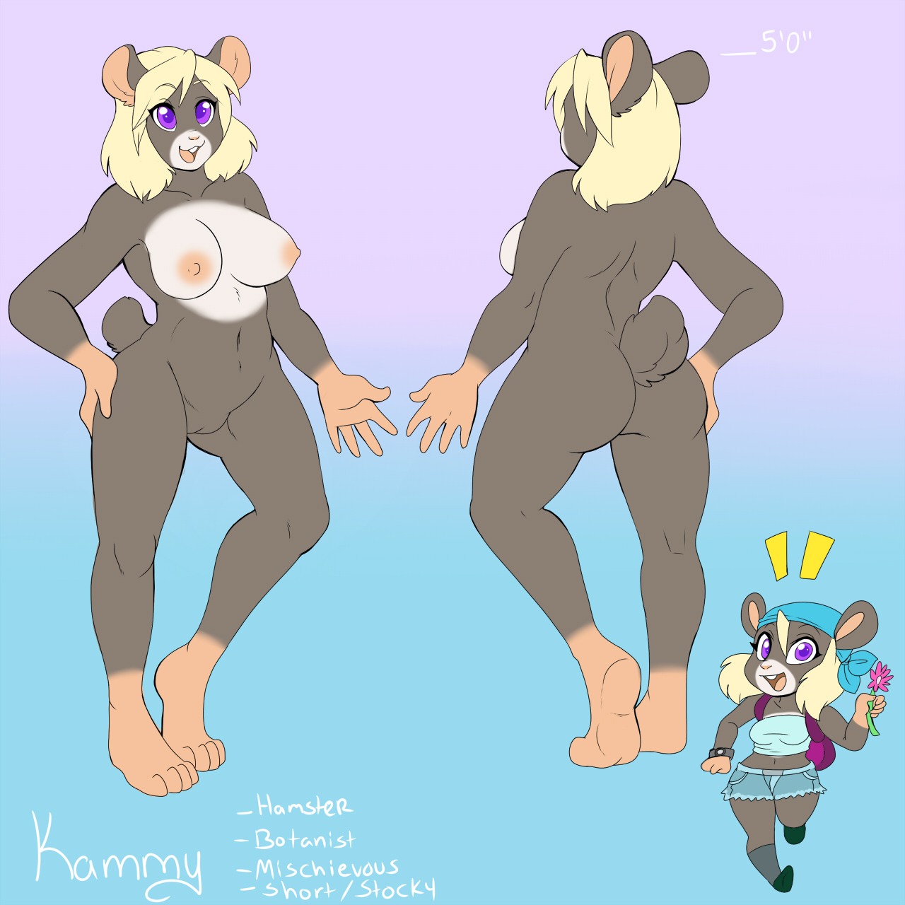 1:1 anthro backpack blonde_hair bottomwear breasts butt clothed clothing cricetid curvy_figure e621 feet female flower genitals hair hamster hand_on_hip hi_res hindpaw kammy_(phuufy) kerchief mammal midriff model_sheet nipples nude open_mouth paws phuufy plant pose purple_eyes rodent shorts skidd solo toes voluptuous vulva