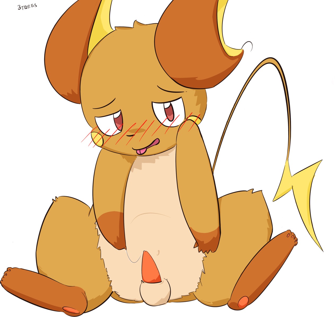 3trees blush bodily_fluids e621 erection facial_markings feral fur generation_1_pokemon genital_fluids genitals head_markings hi_res looking_at_viewer male mammal markings nintendo nude orange_body orange_fur pawpads paws penis pokemon pokemon_(species) precum raichu rodent solo tail