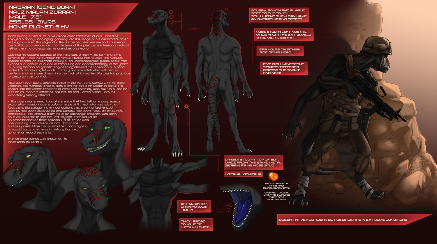 4_arms 4_pecs absurd_res alien animal_genitalia anthro bioluminescence digitigrade e621 english_text fully_sheathed genital_slit genitals glowing gun hi_res male military model_sheet multi_arm multi_limb multi_pecs multiple_poses naerian nalz nude pecs piercing pose ranged_weapon reptile scalie sheath solo stripes tail teeth text text_box thecrazydragon tongue weapon