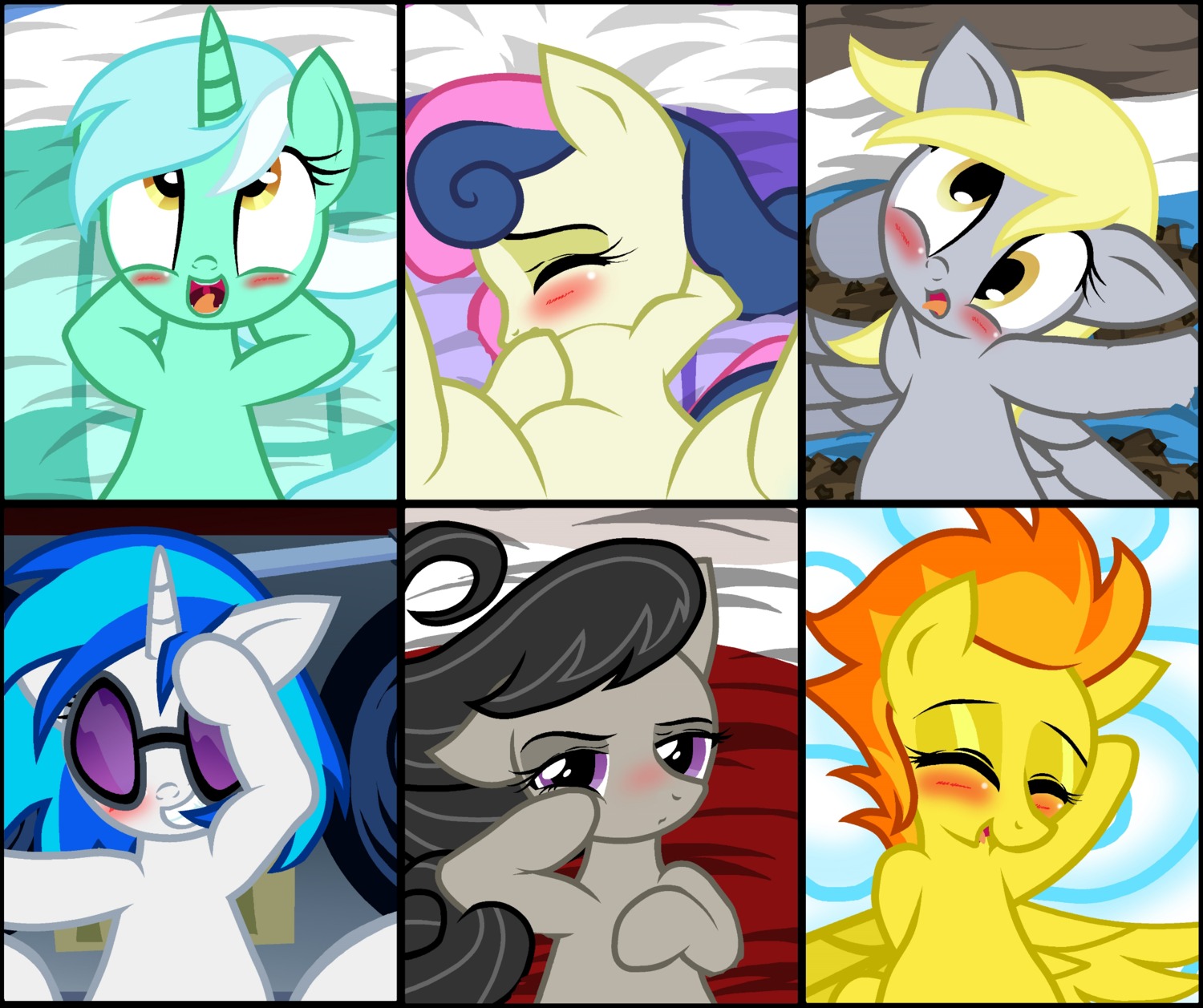 2012 bed bird's-eye_view blush bonbon_(mlp) derpy_hooves_(mlp) e621 earth_pony equid equine eyewear feathered_wings feathers female feral friendship_is_magic furniture glasses grey_body grey_feathers group hasbro hi_res high-angle_view horn horse lyra_heartstrings_(mlp) mammal medio-cre my_little_pony mythological_creature mythological_equine mythology octavia_(mlp) orgasm orgasm_face pegasus pony pyruvate spitfire_(mlp) suggestive unicorn vinyl_scratch_(mlp) wings wonderbolts_(mlp) yellow_body yellow_feathers
