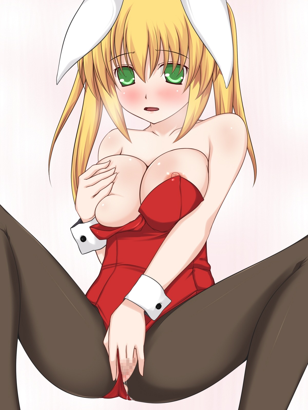animal_ear blush breast_grab breasts bunny_girl bunnysuit censored female fingering highres large_breasts masturbation nipples pantyhose pussy rule34