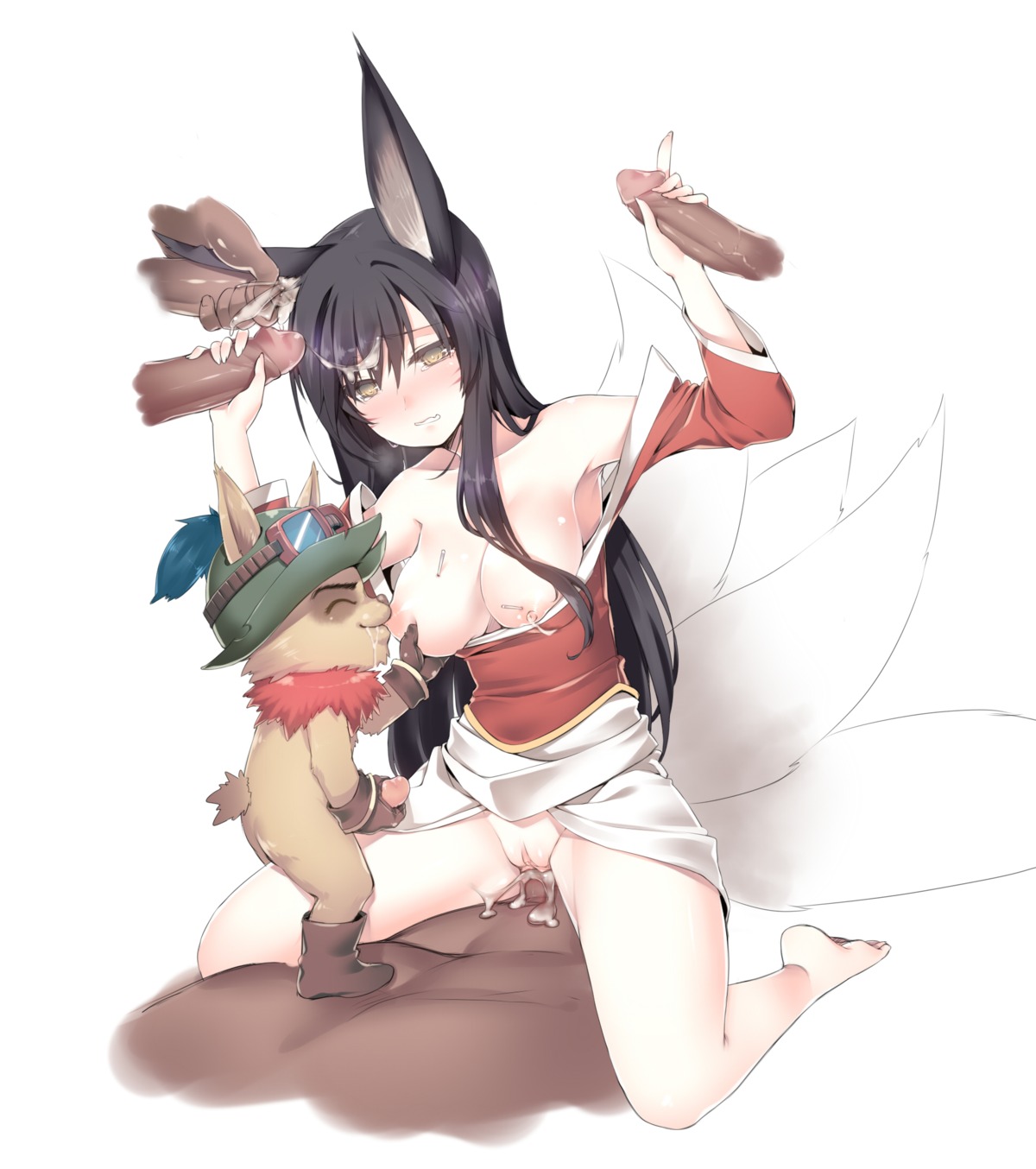 ahri_(lol) animal_humanoid anthro black_hair bodily_fluids breast_grab breast_play breast_suck breastfeeding breasts canid canid_humanoid canine canine_humanoid cowgirl_position cum cum_in_ear cum_inside disembodied_penis e621 erection eyewear female female_on_top fox_humanoid from_front_position genital_fluids genitals goggles group group_sex hair hand_on_breast hi_res humanoid humanoid_on_anthro kuro_(kuronell) lactating league_of_legends long_hair male male/female mammal mammal_humanoid milk multi_tail nipples on_bottom on_top penetration penis riot_games sex simple_background straddling sucking tail tears teemo_(lol) tencent vaginal vulva white_background yordle
