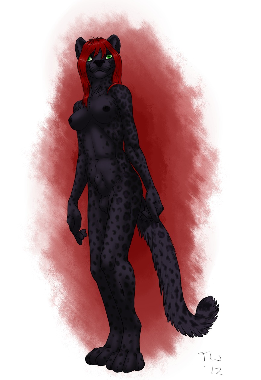 2012 animal_genitalia anthro balls biped black_body black_fur breasts clothing e621 felid fully_sheathed fur genitals green_eyes gynomorph hair hi_res intersex long_hair long_tail looking_at_viewer mammal multicolored_body multicolored_fur nipples nude pantherine purple_body purple_fur red_hair shaded sheath simple_background solo spots standing suzari tail treeweasel two_tone_body two_tone_fur under_boob