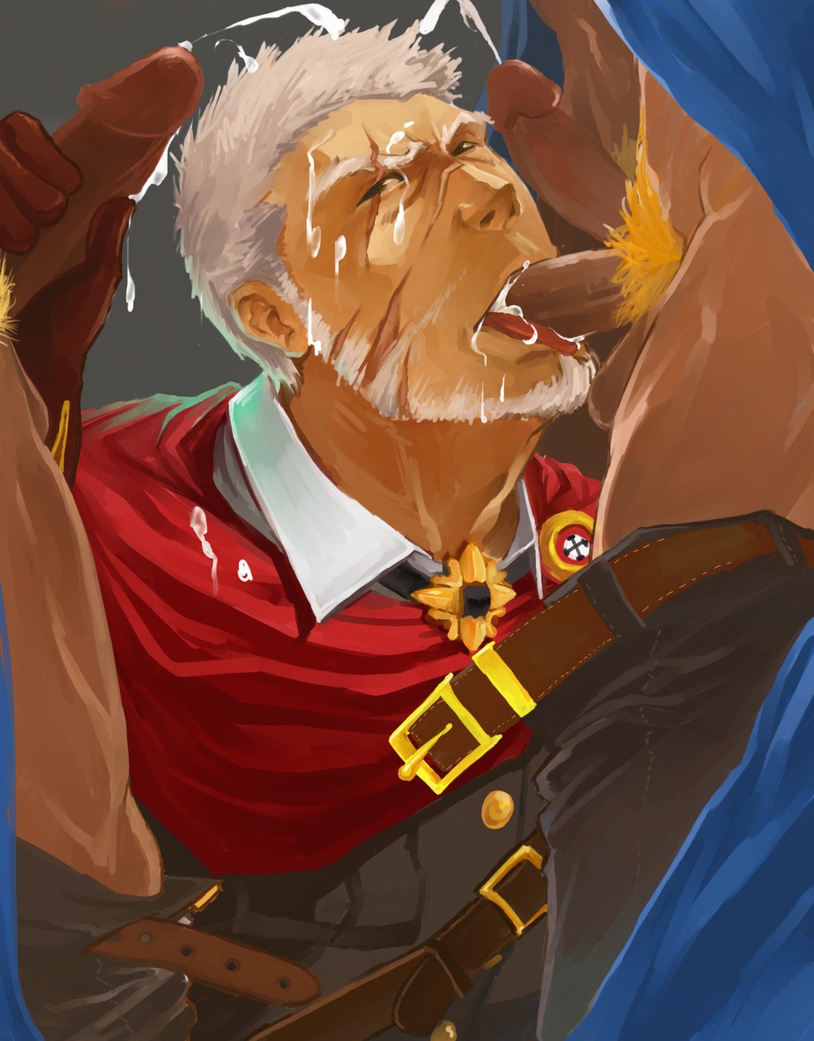 arad_senki bara brown_eyes cum cum_in_mouth dungeon_and_fighter dungeon_fighter_online face foursome gomtang group_sex handjob highres male male_only muscles oral penis rule34 scar uncensored white_hair yaoi