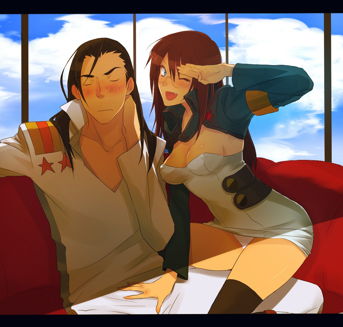 black_hair blush brown_hair couple cute_fang female glasses kinon_bachika koutarou_(artist) long_hair megane panties rossiu_adai rule34 salute tengen_toppa_gurren_lagann thighhighs underwear uniform white_panties wink