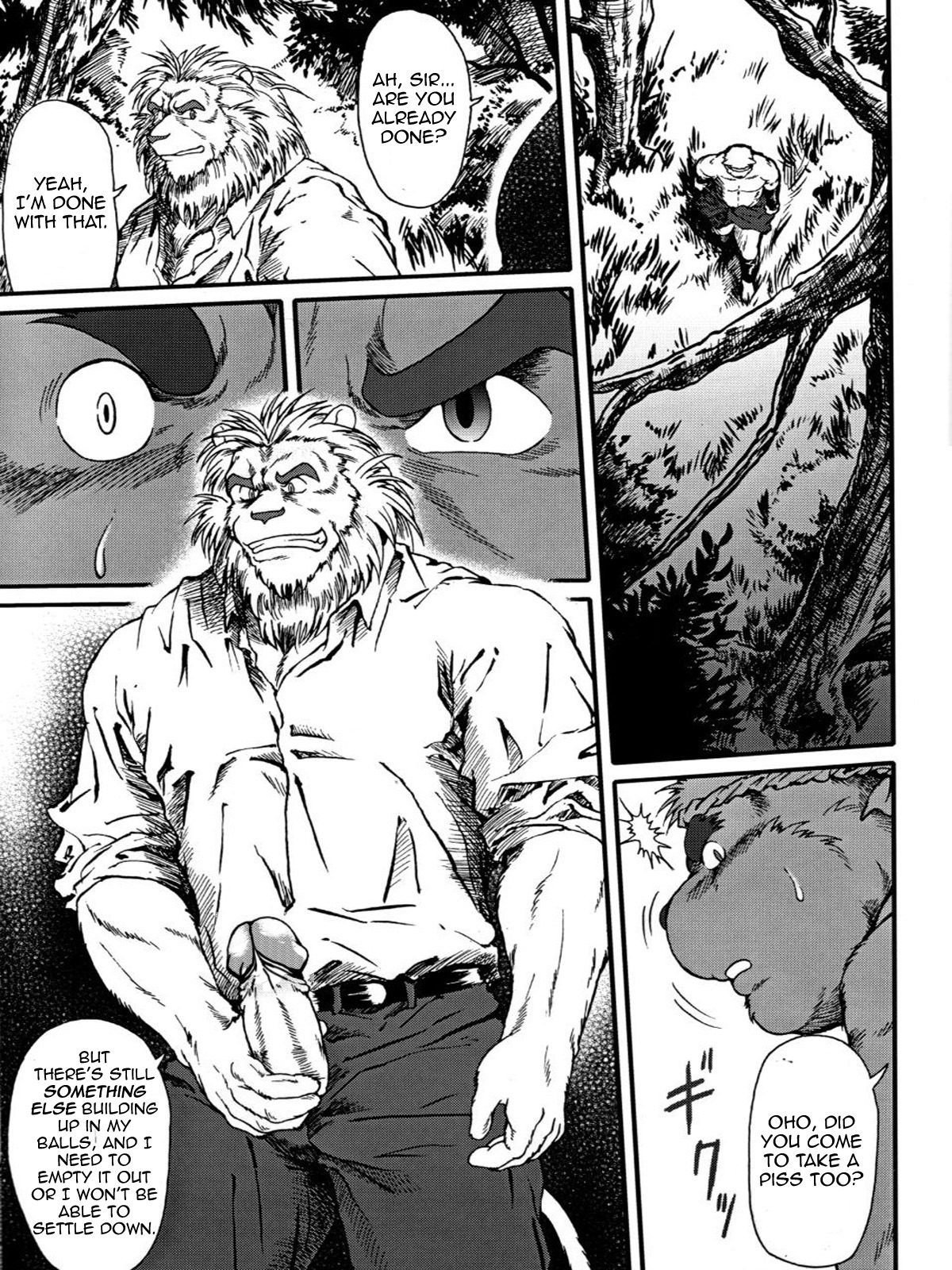3:4 anthro belt bottomwear canid canine canis clothing comic dialogue domestic_dog duo e621 english_text erection felid genitals greyscale hi_res humanoid_genitalia humanoid_penis jin_(artist) lion male male/male mammal masturbation monochrome multiple_scenes muscular pantherine pants penile penile_masturbation penis shirt tail text topwear translated