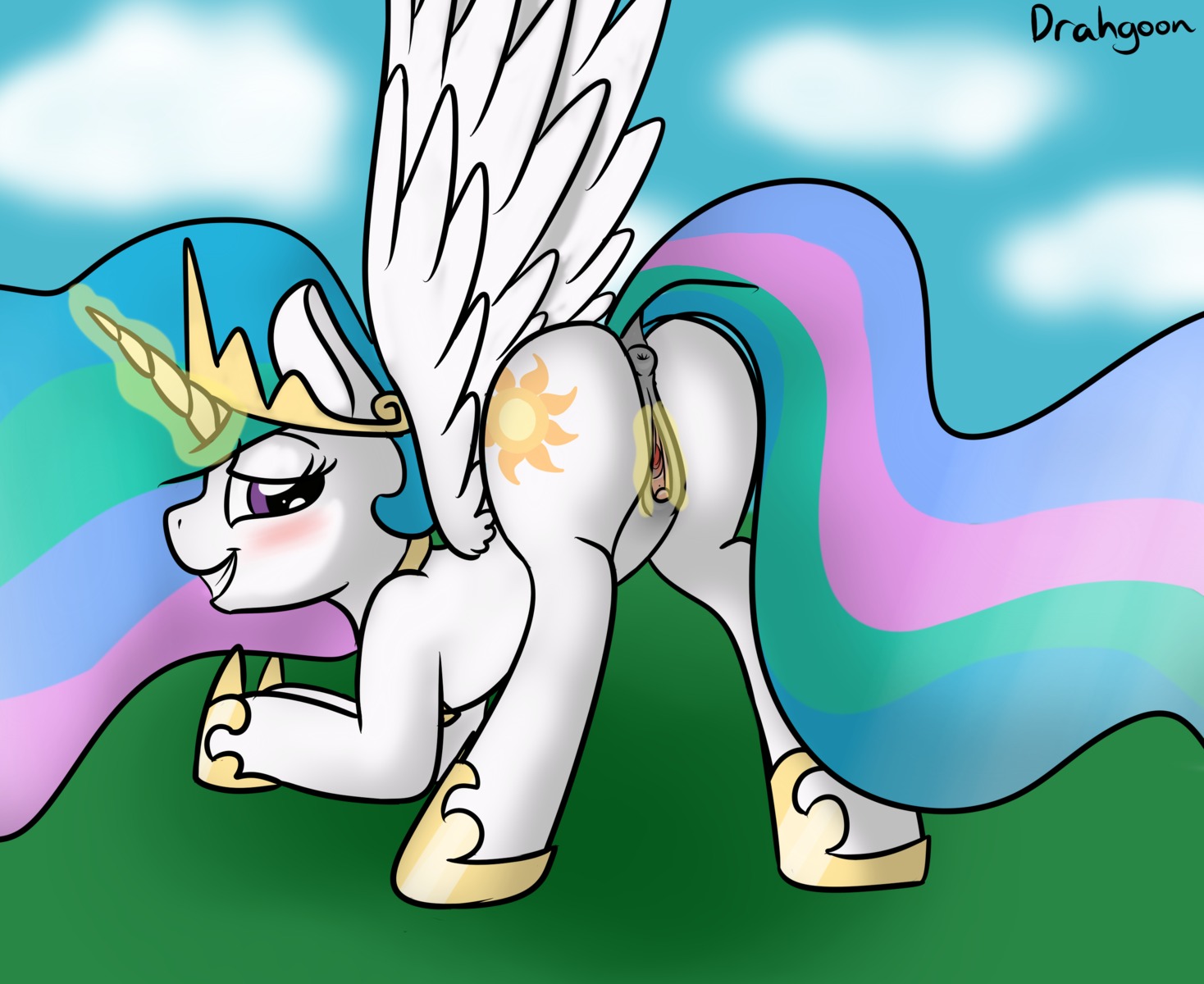 animal_genitalia animal_vulva anus bedroom_eyes blush clitoral_winking clitoris cloud crown cutie_mark drahgoon e621 equid equine equine_genitalia equine_vulva feathered_wings feathers female feral friendship_is_magic fur genitals hair half-closed_eyes hasbro headgear hi_res hooves horn long_hair looking_at_viewer magic mammal multicolored_hair my_little_pony mythological_creature mythological_equine mythology narrowed_eyes outside presenting princess_celestia_(mlp) purple_eyes seductive sky smile solo spread_legs spread_vulva spreading teeth vulva white_body white_feathers white_fur winged_unicorn wings