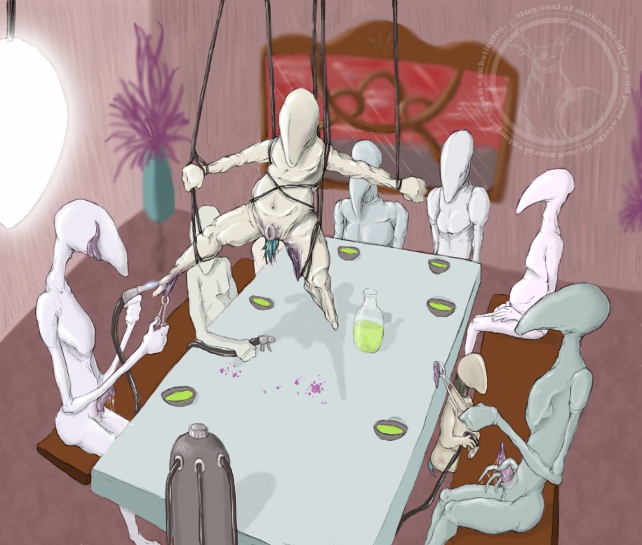 blood bodily_fluids e621 erection female genitals gore group male masturbation monster oddbird penile penile_masturbation penis sadism suspension torch torture unknown_species vore vulva