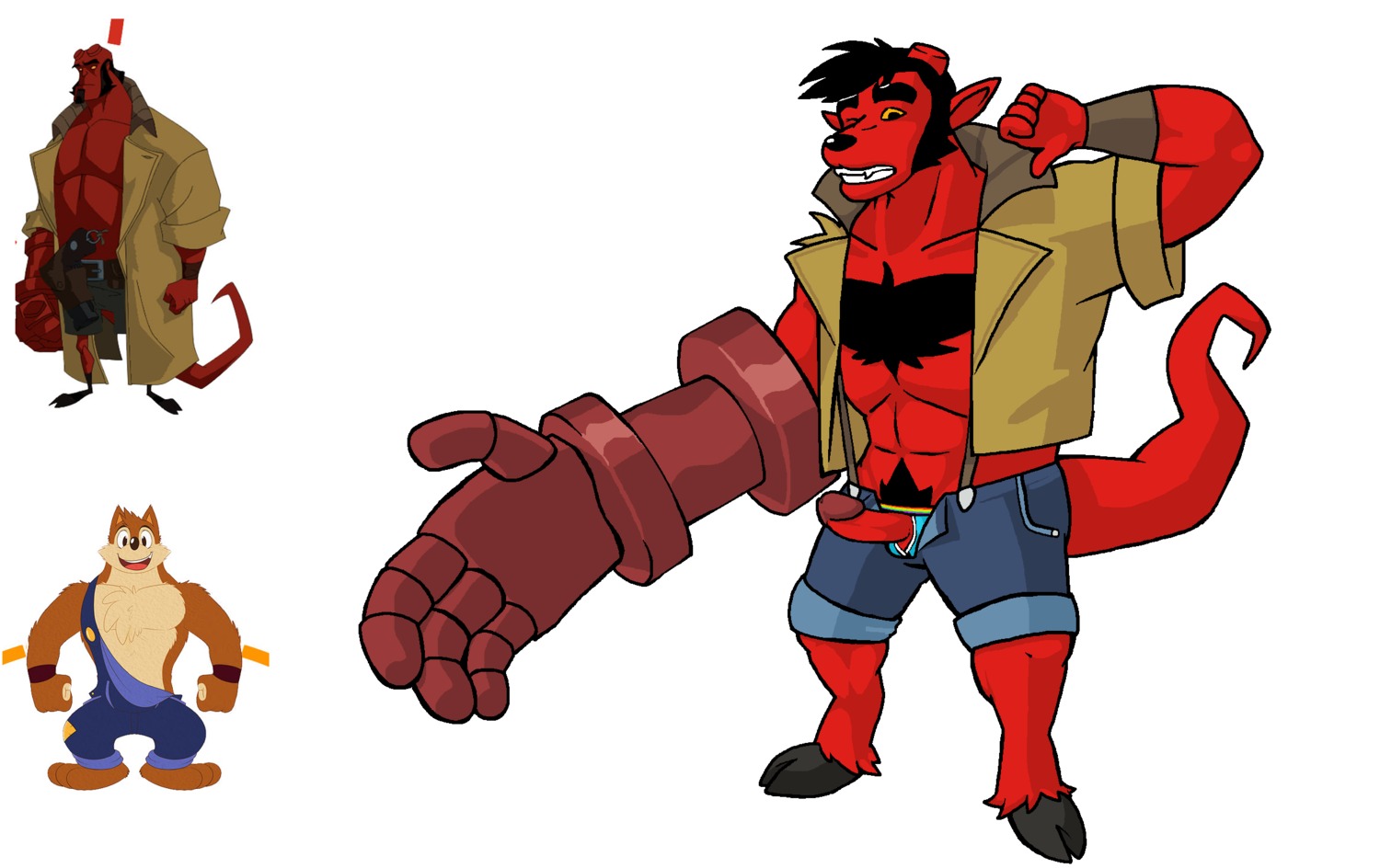 abs alternate_species black_body black_fur bottomwear brown_body brown_fur canid canine canis chest_tuft clothed clothing demon e621 erection fur furrification genitals gesture group hand_gesture hellboy_(character) hellboy_(series) hi_res hooves humanoid_genitalia humanoid_penis long_tail male mammal open_bottomwear open_clothing open_pants pants penis pubes red_body red_fur red_penis reference_image solo_focus standing tail thumbs_down tuft unknown_artist wolf wuffle wuffle_(webcomic)