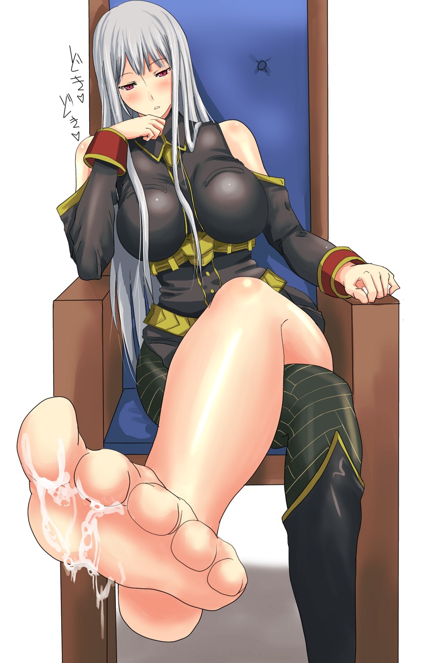 1girls asymmetrical_legwear bare_shoulders barefoot blush breasts chair clothing crossed_legs cum cum_on_body cum_on_feet cum_on_lower_body feet female foot_fetish grave_accent_(period) highres large_breasts legs_crossed long_hair looking_at_viewer military military_uniform pantyhose parted_lips red_eyes rule34 selvaria_bles silver_hair sitting solo toes uniform valkyria_chronicles valkyria_chronicles_1