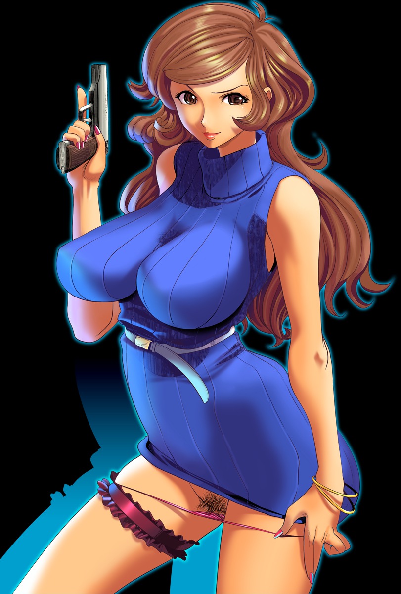 1girls 2012 big_breasts breasts brown_eyes brown_hair clothing cosine curvaceous female female_only firearm gun handgun highres huge_breasts human large_breasts light-skinned_female light_skin long_hair lupin_iii mine_fujiko panties pink_panties pubic_hair pussy rule34 smile solo striped striped_panties sweater topwear underwear weapon