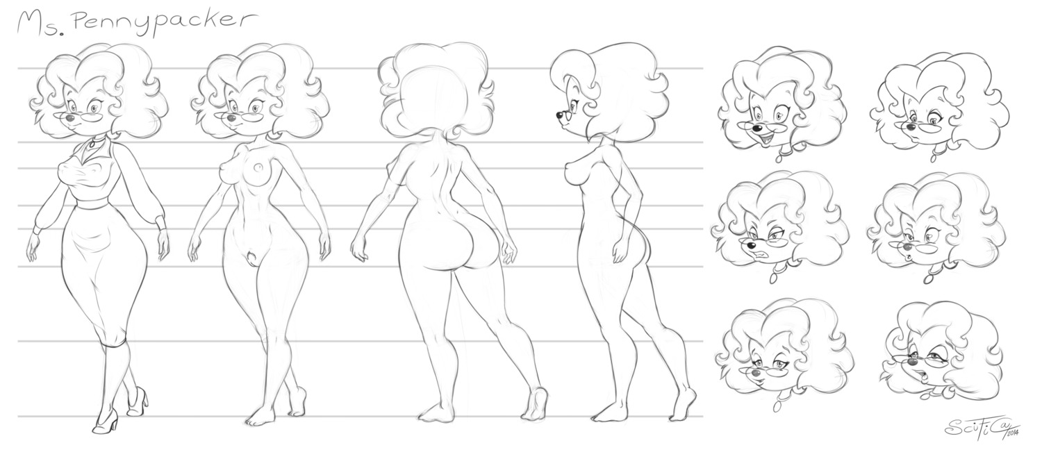 2014 anthro breasts butt disney e621 erect_nipples eyewear female genitals glasses goof_troop hi_res monochrome ms._pennypacker nipples nude pubes side_boob solo thaman vulva