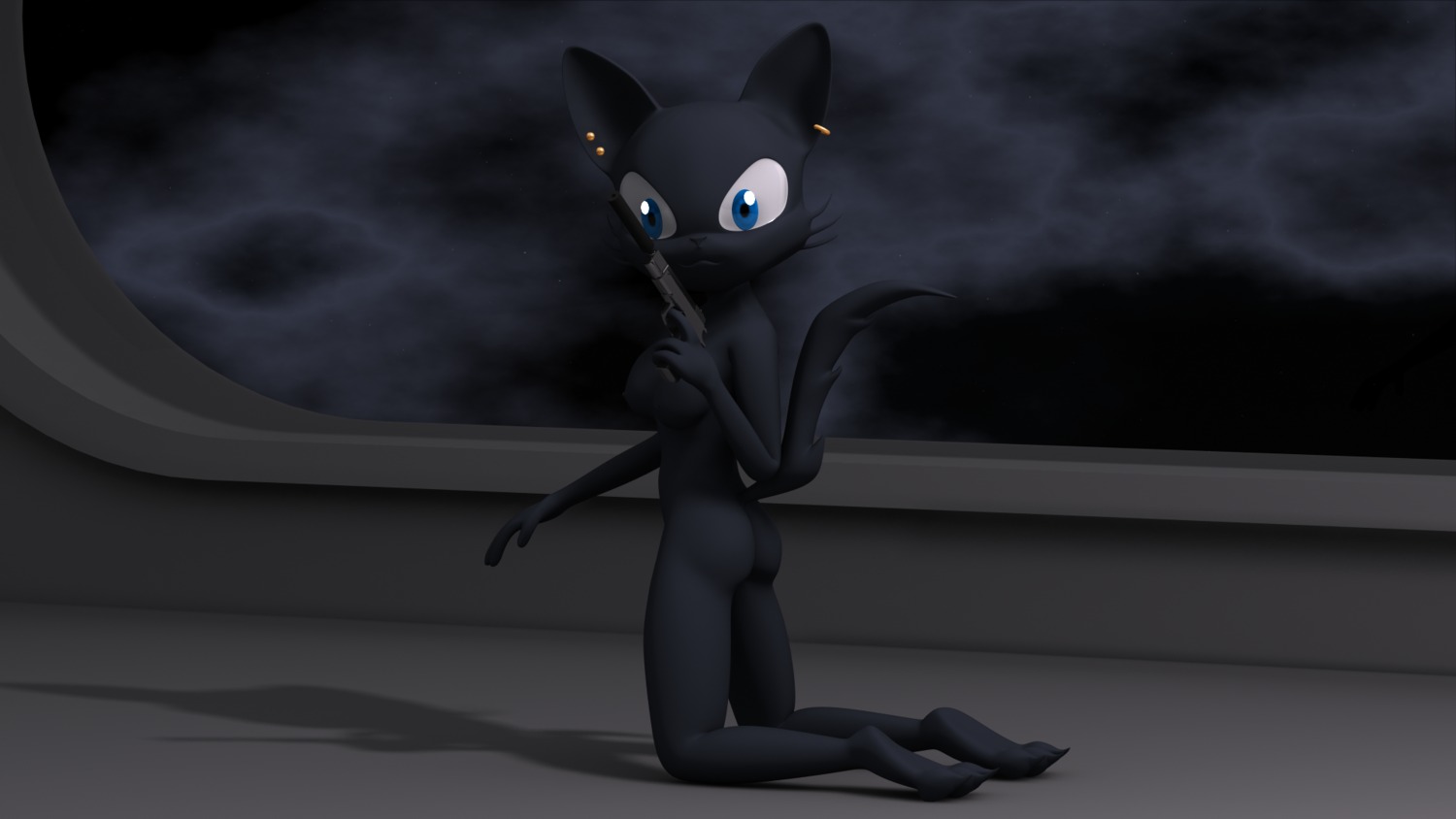 16:9 3d_(artwork) anthro biped black_body black_fur blue_eyes breasts butt destiny_(character) destiny_blackmoon digital_media_(artwork) domestic_cat e621 ear_piercing felid feline felis female fur genitals gun hi_res kneeling mammal nebula nipples nude piercing ranged_weapon solo space tail vulva weapon widescreen young