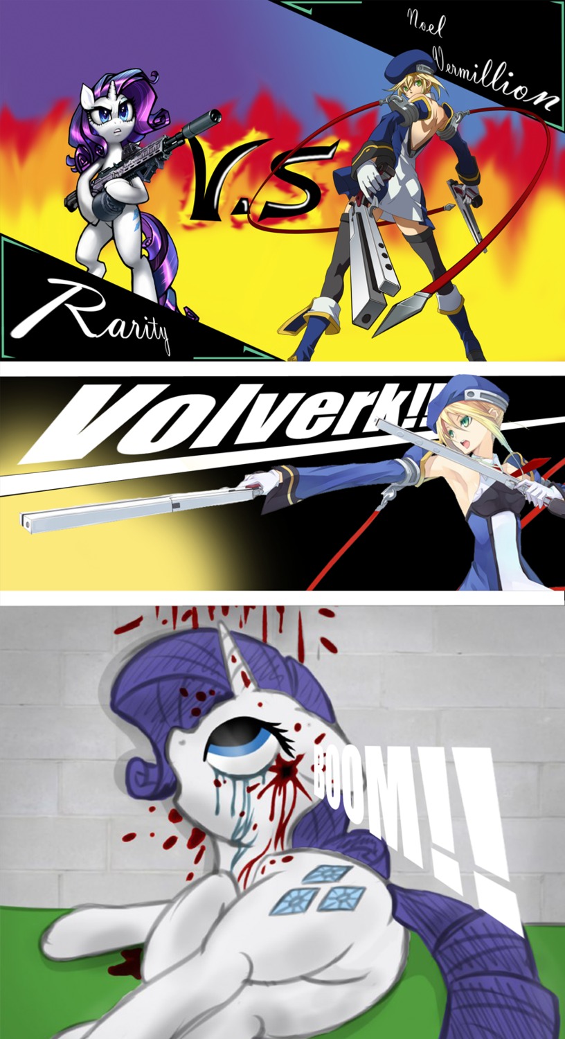 arc_system_works blazblue blood bodily_fluids clothed clothing crossover daisuke_ishiwatari death digital_media_(artwork) duo e621 e621_post_recursion equid equine fearingfun female friendship_is_magic gore hair hasbro hi_res holy_justice horn human killing mammal mane my_little_pony mythological_creature mythological_equine mythology noel_vermillion rarity_(mlp) text unicorn vombavr weapon