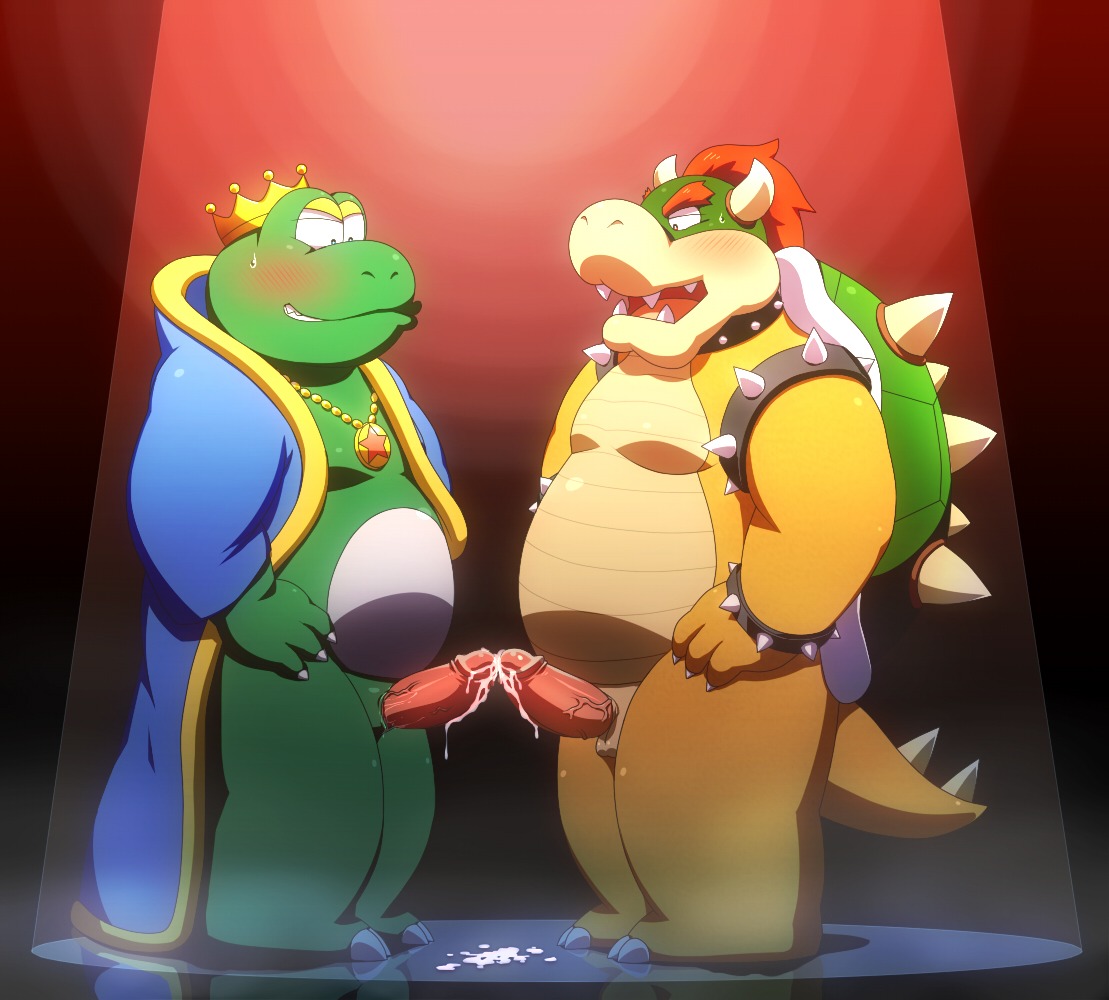 2_horns amphibian anthro blue_eyes blush bodily_fluids bowser claws clothed clothing collar comparing comparing_penis crown cum cum_on_ground cum_on_penis cum_string duo e621 erection frog frottage genital_fluids genitals glistening hair hand_on_hip happy headgear horn jewelry king koopa looking_at_genitalia looking_at_penis looking_down male male/male mario_bros moobs necklace nintendo open_mouth orange_eyes overweight partially_clothed penile penis penises_touching penta002 pose red_background red_hair reflection reptile robe royalty scalie sex sharp_teeth shell simple_background slightly_chubby smile spikes spotlight super_mario_bros._2 sweat tail teeth tongue vein wart_(mario) wristband