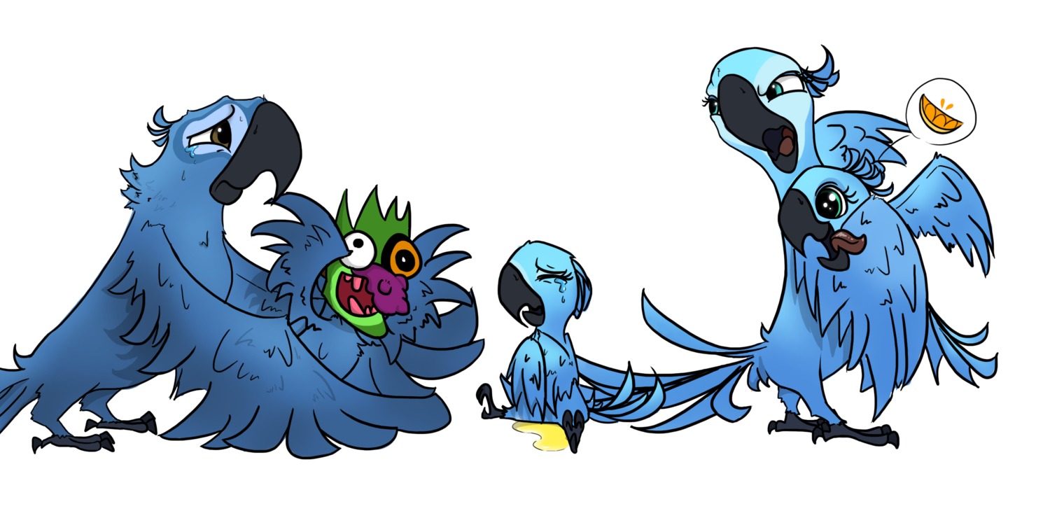 2:1 ambiguous_gender angry avian beak bia_(rio) bird blu_(rio) blue_body blue_eyes blue_feathers blue_sky_studios bodily_fluids brown_eyes carla_(rio) crying e621 fear_peeing feathers female feral genital_fluids group hi_res jewel_(rio) macaw male mask neotropical_parrot parrot peeing rio_(series) scared spix's_macaw tears tiago_(rio) true_parrot urine wasajoke young