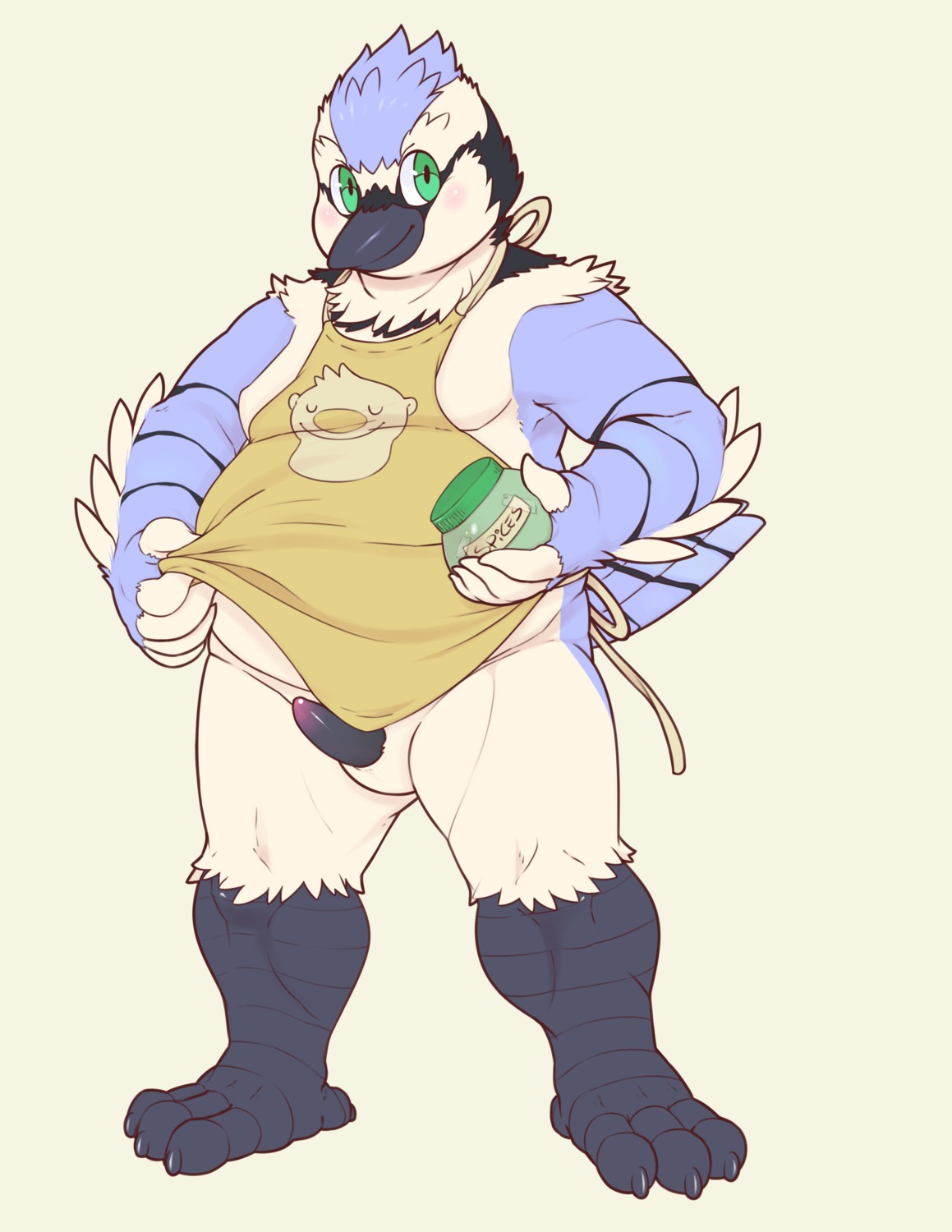 absurd_res anthro apron avian bird blue_jay blush clothing corvid e621 erection eskies_(character) gazpacho genitals hi_res jay_(bird) male new_world_jay nude oscine overweight overweight_anthro overweight_male passerine penis slightly_chubby solo spices