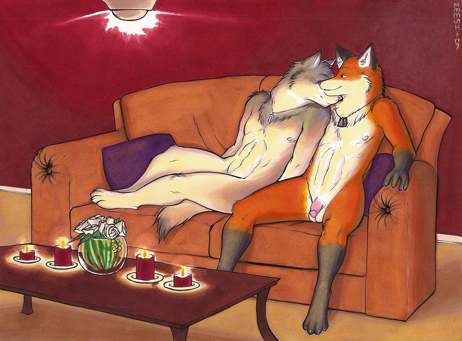 2007 4_toes 5_fingers anthro anthro_on_anthro balls black_body black_eyes black_fur candle canid canine canis circumcised claws cross cross_necklace cuddling date detailed_background digital_media_(artwork) dog_tags duo e621 feet fingers flaccid flower fox fur furniture genitals gloves_(marking) grey_body grey_fur hi_res humanoid_genitalia humanoid_penis inner_ear_fluff inside jewelry lanthryn leg_markings lying male male/male mammal marker_(artwork) markings meesh multicolored_body multicolored_fur necklace nipples nude orange_body orange_fur penis pillow plant romantic romantic_ambiance romantic_couple signature sitting smile socks_(marking) sofa table toe_claws toes traditional_media_(artwork) tuft white_body white_fur wolf
