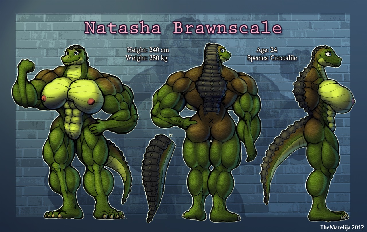 2012 abs anthro biceps big_breasts blue_eyes breasts butt crocodile crocodilian e621 female flexing front_view genitals huge_breasts model_sheet muscular muscular_anthro muscular_female nipples non-mammal_breasts non-mammal_nipples nude reptile scalie side_view smile solo tail thematelija turnaround vulva