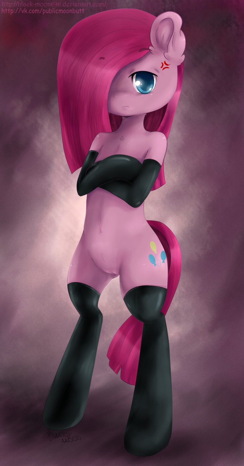2013 abstract_background angry anthro anthrofied biped black-moon696 blue_eyes clothing cutie_mark e621 earth_pony english_text equid equine female friendship_is_magic fur genitals hair hair_over_eye hasbro hi_res horse legwear long_hair mammal my_little_pony one_eye_obstructed pink_body pink_fur pink_hair pinkamena_(mlp) pinkie_pie_(mlp) pony simple_background solo standing stockings straight_hair text vulva