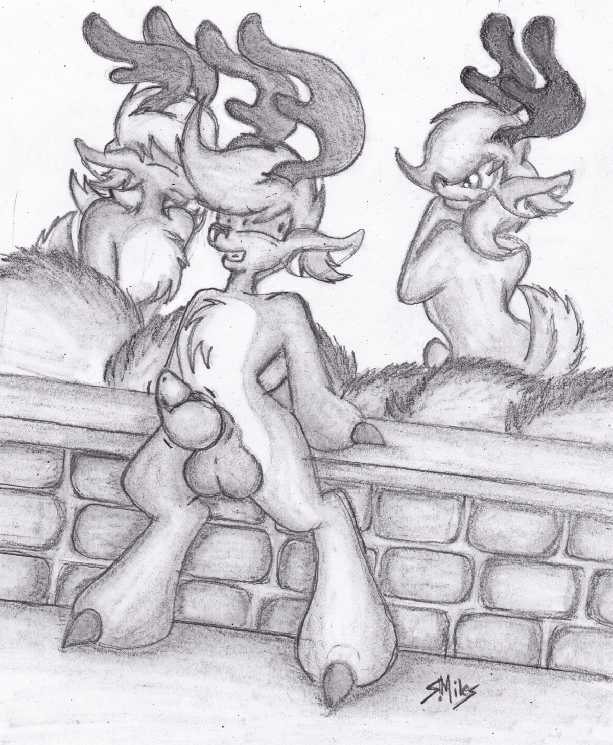 antlers balls brick brick_wall chest_tuft deer e621 erection eyes_closed fur genitals graphite_(artwork) greyscale group hi_res horn leaning_on_wall low_wall male mammal masturbation monochrome on_wall penile penile_masturbation penis plant shrub smile smiles_(artist) teeth toony traditional_media_(artwork) tuft wall_(structure)