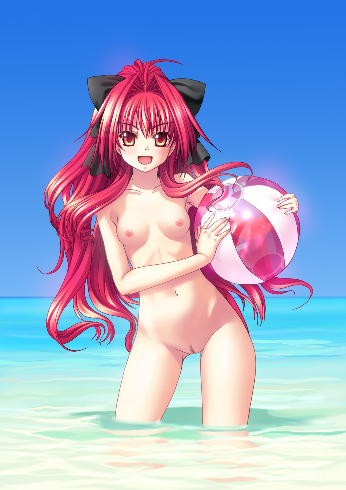1girls beach beach_ball blush bow breasts female high_resolution long_hair nude red_hair rule34 solo water wet