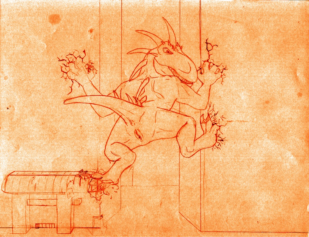 anus building destruction dinosaur dopr5 e621 female genitals kaiju lizzie_(rampage) macro monochrome prehistoric_species raised_tail rampage rampage_(game) reptile scalie sepia solo tail tail_anus vulva