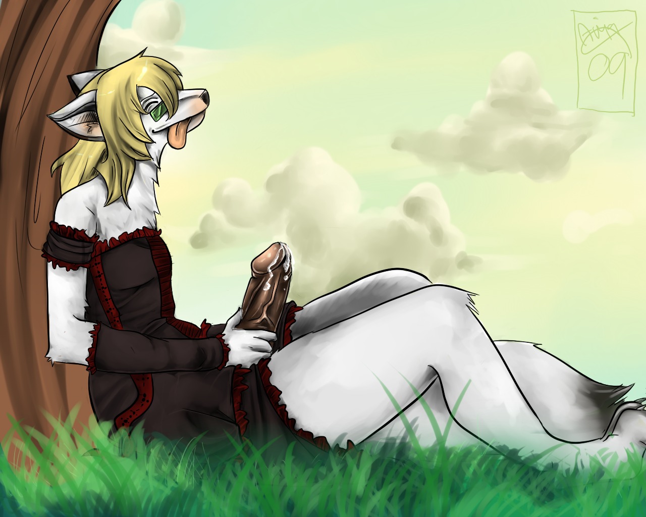 5:4 anthro bodily_fluids canid canine clothed clothing crossdressing cum dress e621 erection femboy fox genital_fluids genitals humanoid_genitalia humanoid_penis kento_foxeh male mammal masturbation penile penile_masturbation penis solo tail uki_(artist)