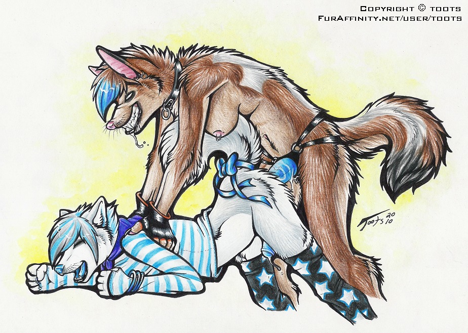 2010 anal anal_penetration anthro anthro_on_anthro ass_up blue_penis bodily_fluids breasts canid canine canis collar copyright_symbol coyote cum dildo duo e621 erection eyes_closed female female_penetrating female_penetrating_male foreskin from_behind_position fur genital_fluids genitals humanoid_genitalia humanoid_penis lying male male/female male_penetrated mammal nipples nude object_in_ass on_front partially_retracted_foreskin pegging penetration penis raised_tail sex sex_toy sex_toy_in_ass sex_toy_insertion side_boob strapon symbol tail text toots toots_(character) toying_partner url wolf