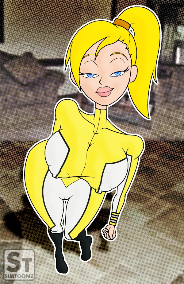blonde_hair blue_eyes cameltoe erect_nipples female jodi_yanarella nipples ponytail pussy rule34 simtoonz smile suit tied_hair titan_maximum