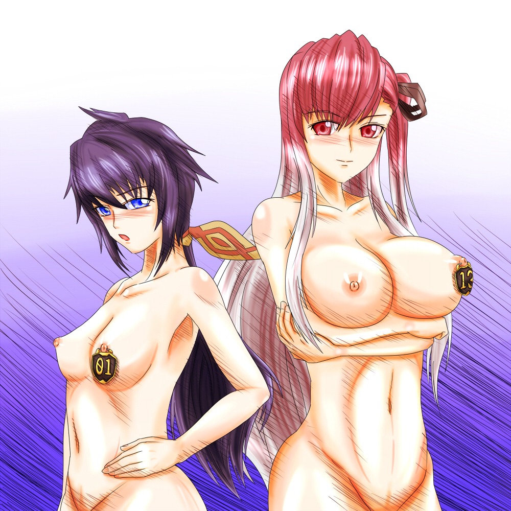 2girls blue_eyes blush breasts crossed_arms darcsen female gradient_hair hands_on_hips imca large_breasts long_hair medium_breasts midriff multiple_females multiple_girls navel nipple_piercing nipple_tag nipples nude numbered open_mouth piercing ponytail purple_hair r2-d2_(artist) red_eyes red_hair riela_marcellis rule34 side_ponytail silver_hair tied_hair valkyria_chronicles valkyria_chronicles_3