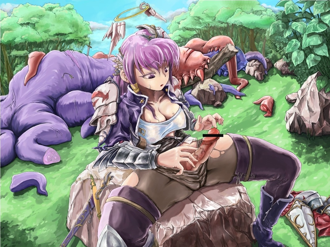 blush breasts censored female futanari intersex katatuki monster purple_eyes purple_hair rule34 tentacle